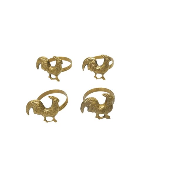 Brass Rooster Napkin Rings 4 Chicken Country Farmhouse Kitchen Decor 1.5"x1.5" - Picture 1 of 12